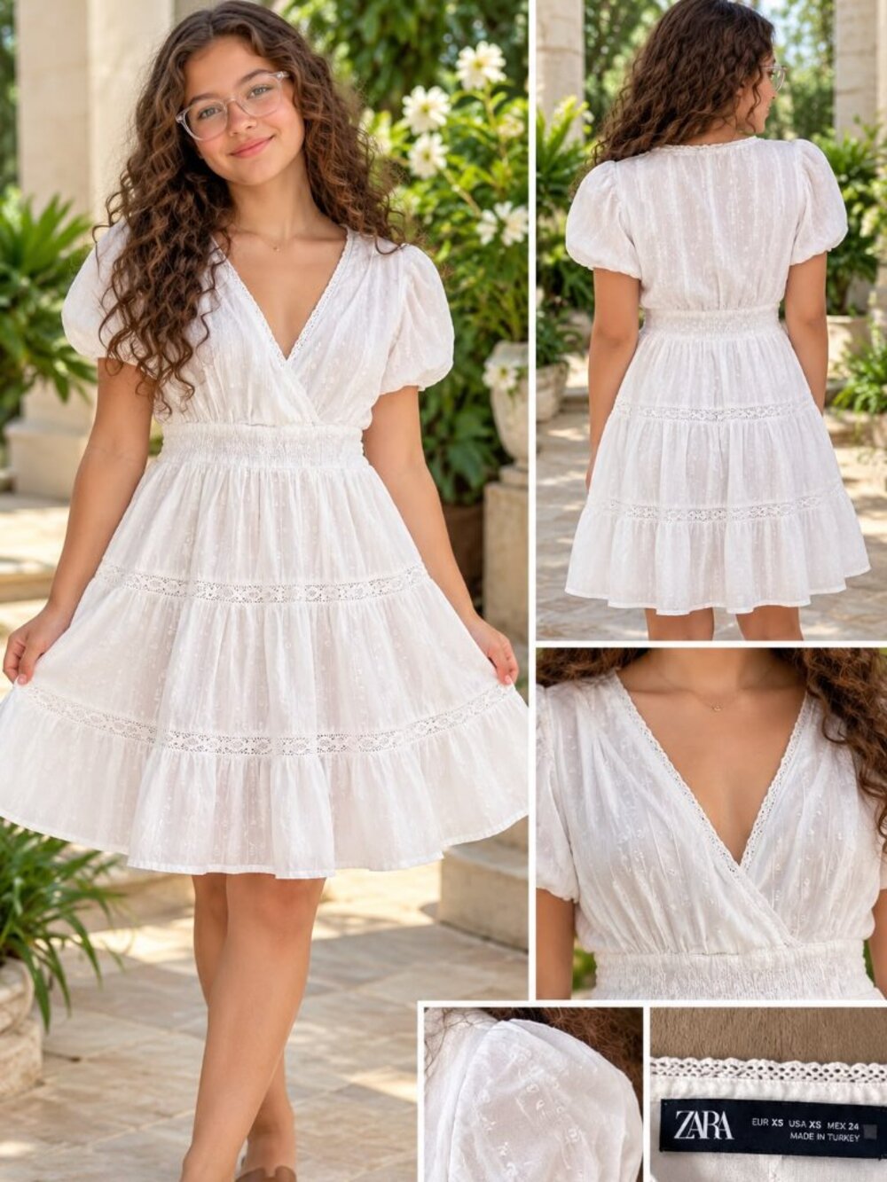 White V-Neck Tiered Dress XS Zara